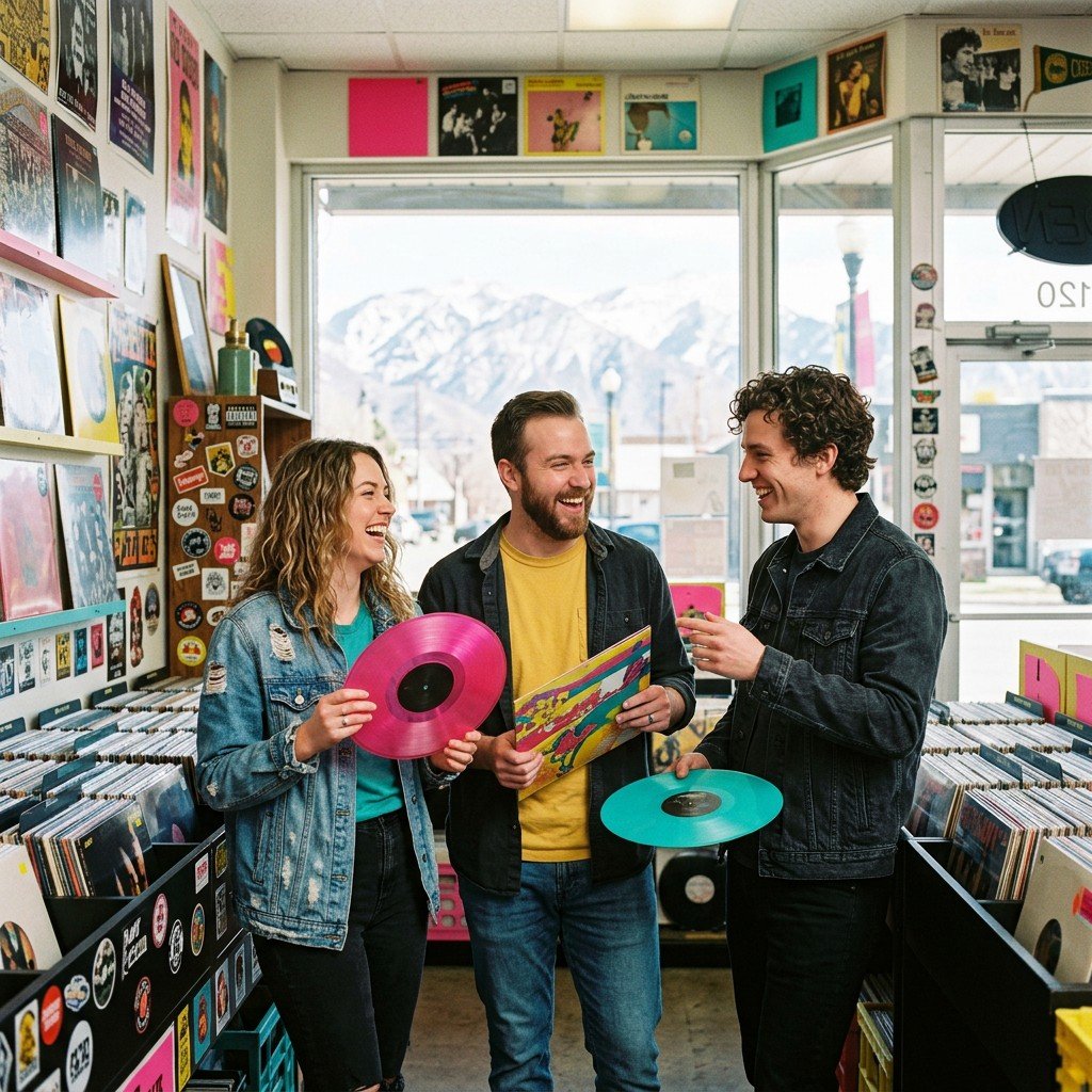 Friends laughing in a Salt Lake City record store, holding up albums